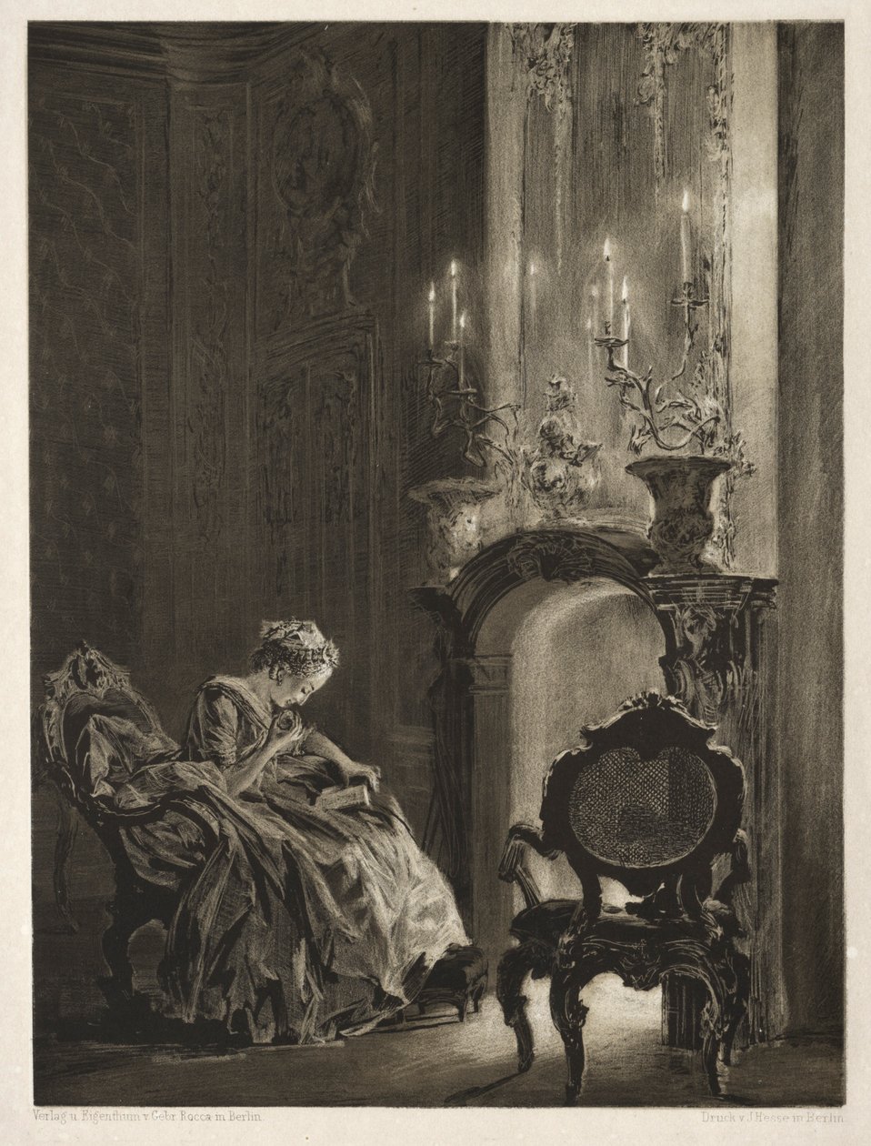Ensayo sobre piedra con pincel y raspador: Mujer leyendo junto a la chimenea, 1851 de Adolph Menzel