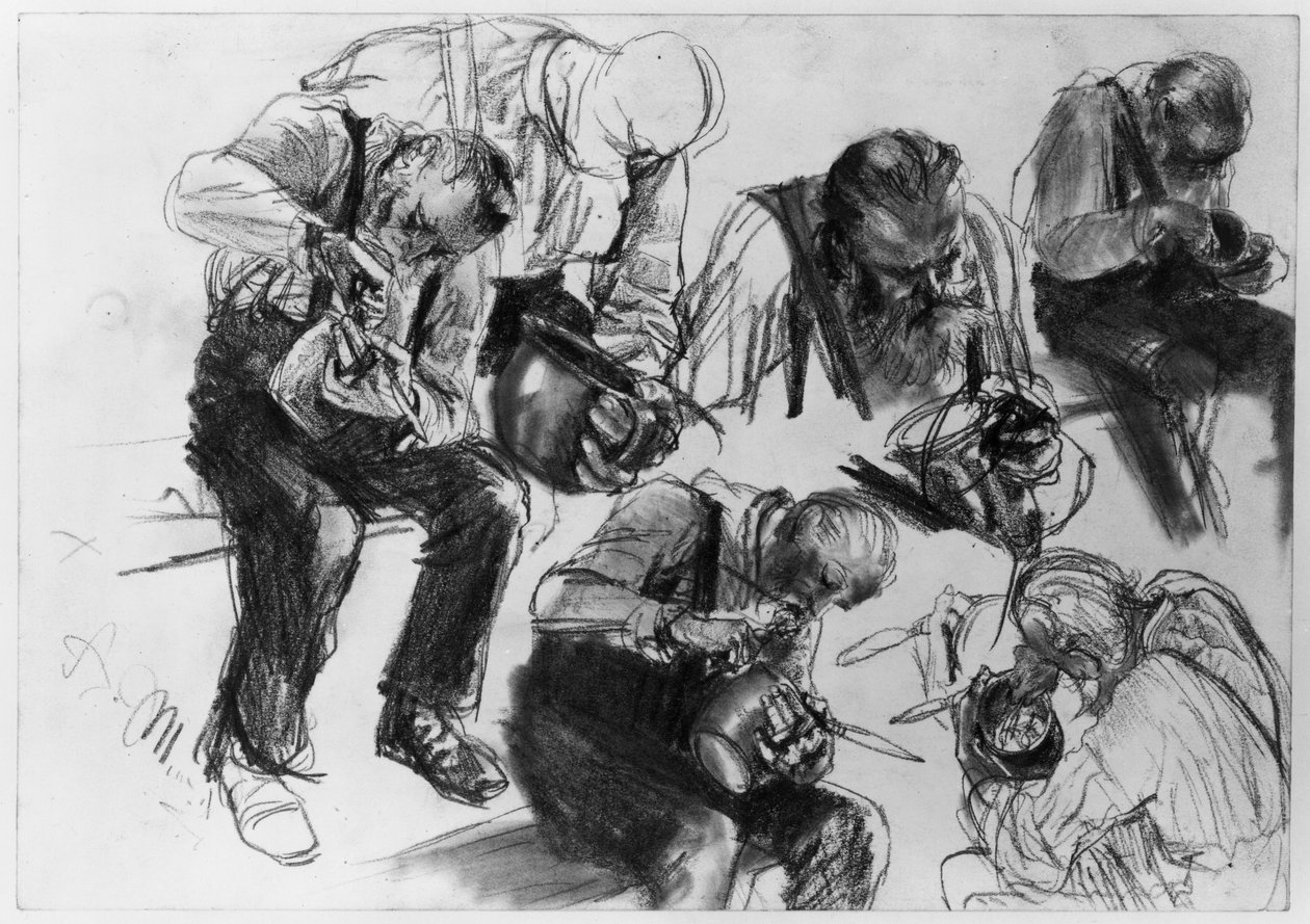 Un obrero comiendo, en varias perspectivas. Estudio para «La fábrica de laminación de hierro. Cíclopes modernos» de Adolph Menzel