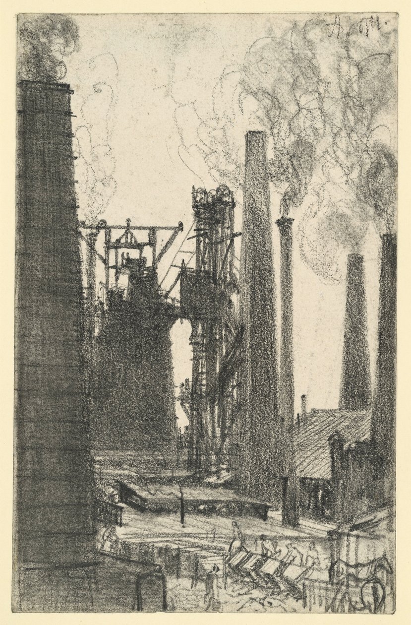 Plaza de fábrica con chimeneas humeantes (Königshütte?) de Adolph Menzel