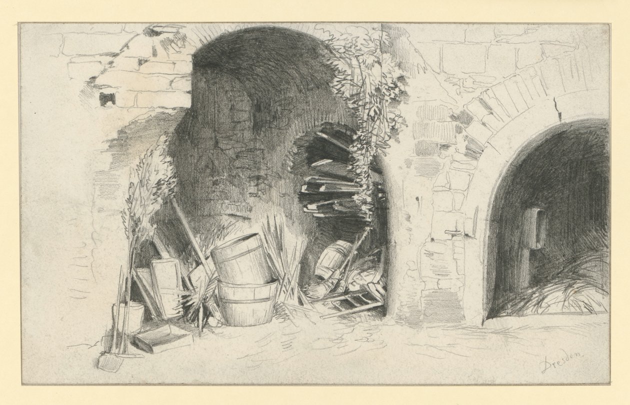 Barriles y tablones bajo los arcos de la Jungfernbastei en Dresde de Adolph Menzel