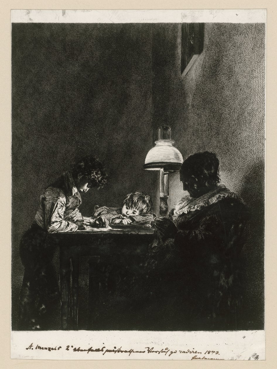 Una familia junto a la lámpara de Adolph Menzel