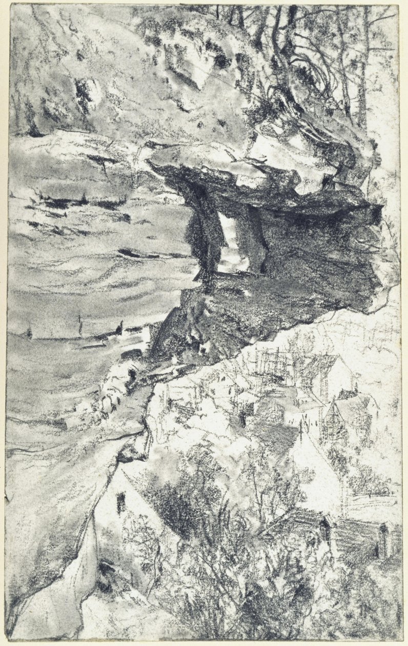 Saliente rocoso con un pueblo al fondo (¿Suiza Sajona) de Adolph Menzel