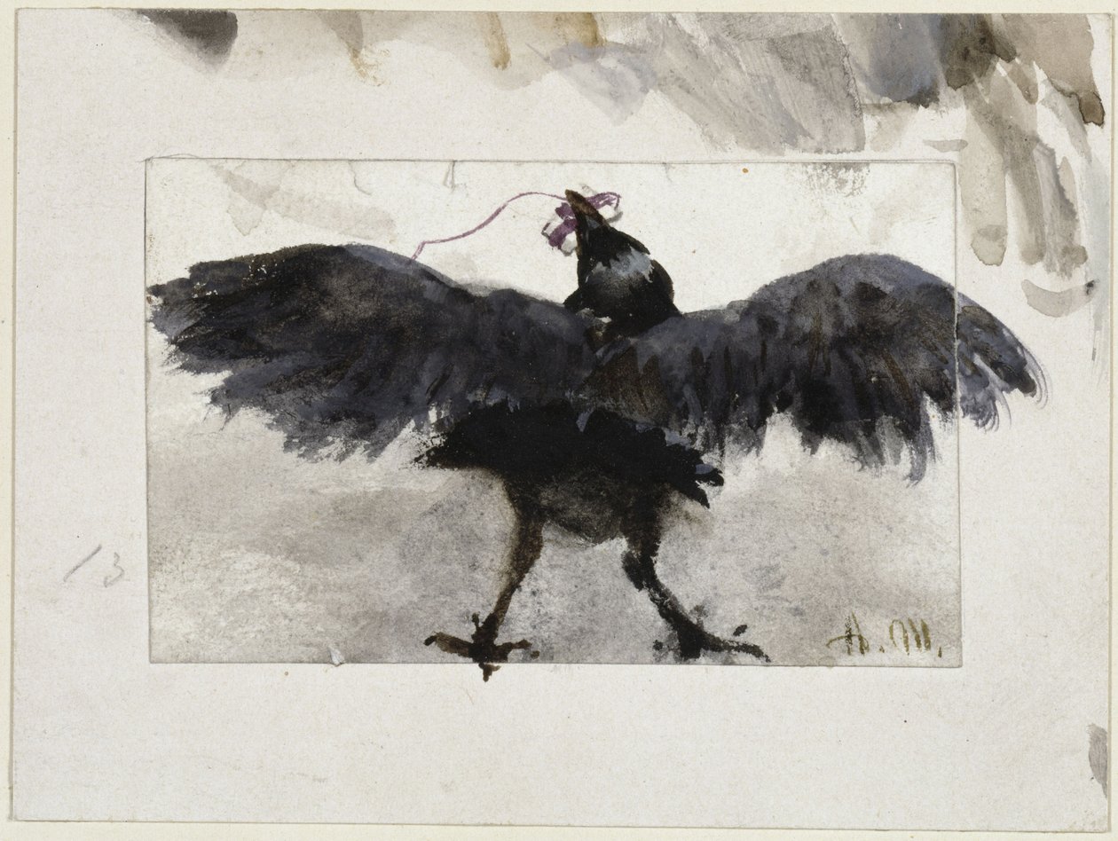Cuervo revoloteando con un paquetito en el pico de Adolph Menzel