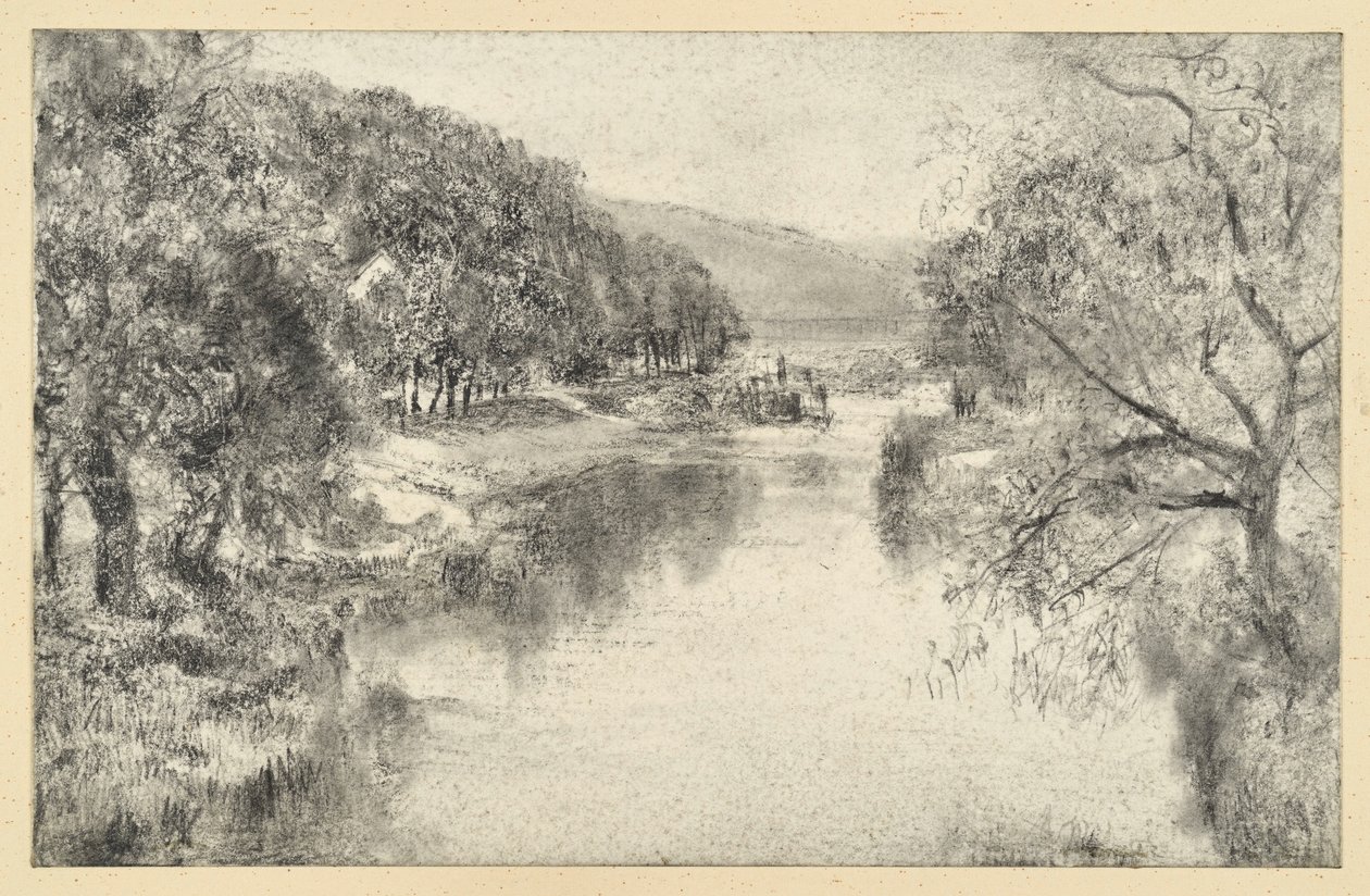Paisaje fluvial con avenida arbolada de Adolph Menzel