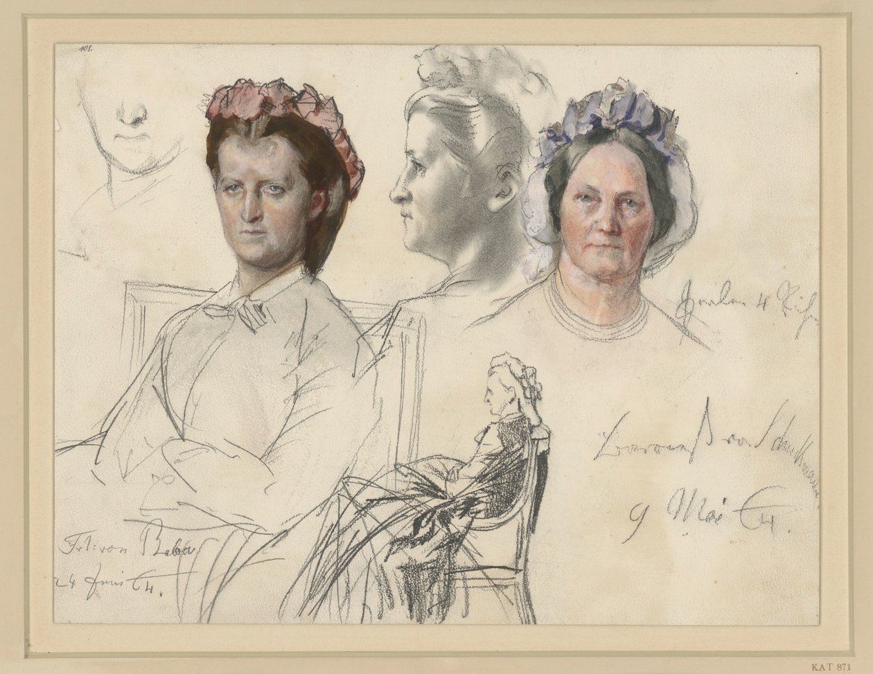 Señorita von Below, medio cuerpo sentada mirando hacia la izquierda, cabeza casi de frente; a la derecha: estudio de cabeza de perfil hacia la izquierda; abajo: figura completa sentada (parcialmente tachada); a la derecha: baronesa von Schuckmann, estudio  de Adolph Menzel