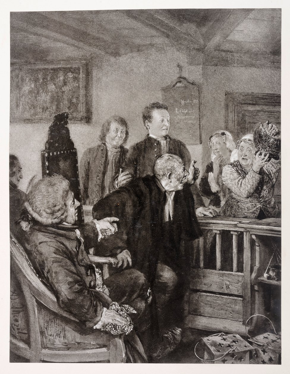 La acusación de la señora Marthes, sobre «La jarra rota», de Heinrich von Kleist de Adolph Menzel