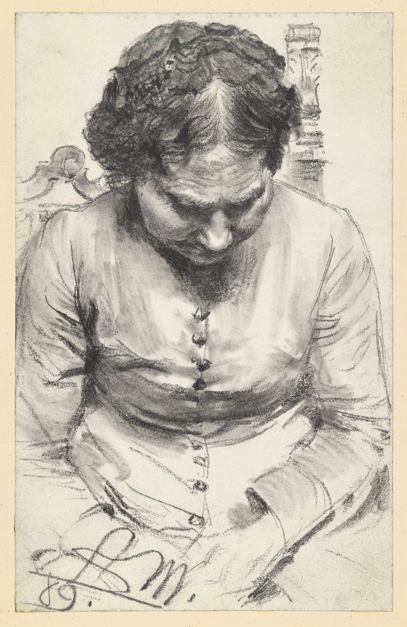 Mujer con cofia, sentada en un sillón, con la cabeza ligeramente inclinada de Adolph Menzel
