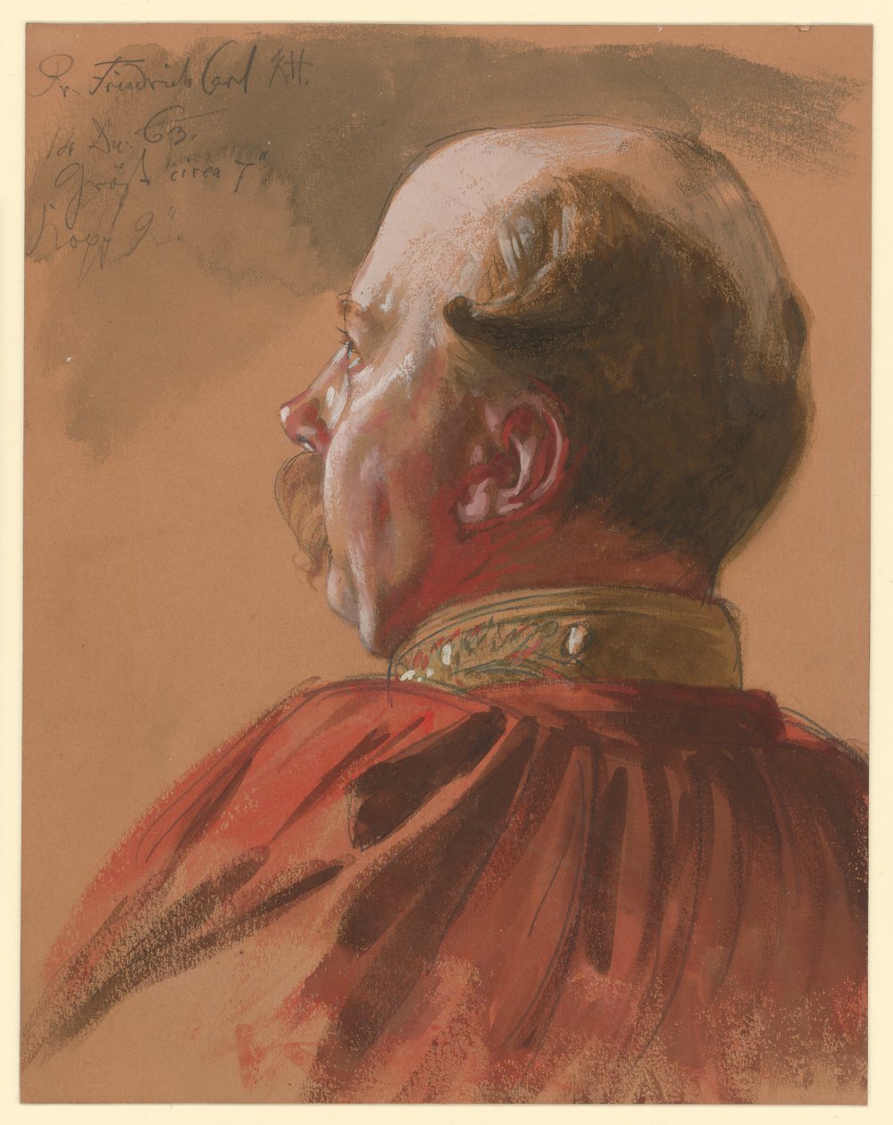 El príncipe Federico Carlos de Prusia, perfil hacia la izquierda parcialmente recortado, estudio de retrato para «La coronación de Guillermo I en Königsberg» de Adolph Menzel