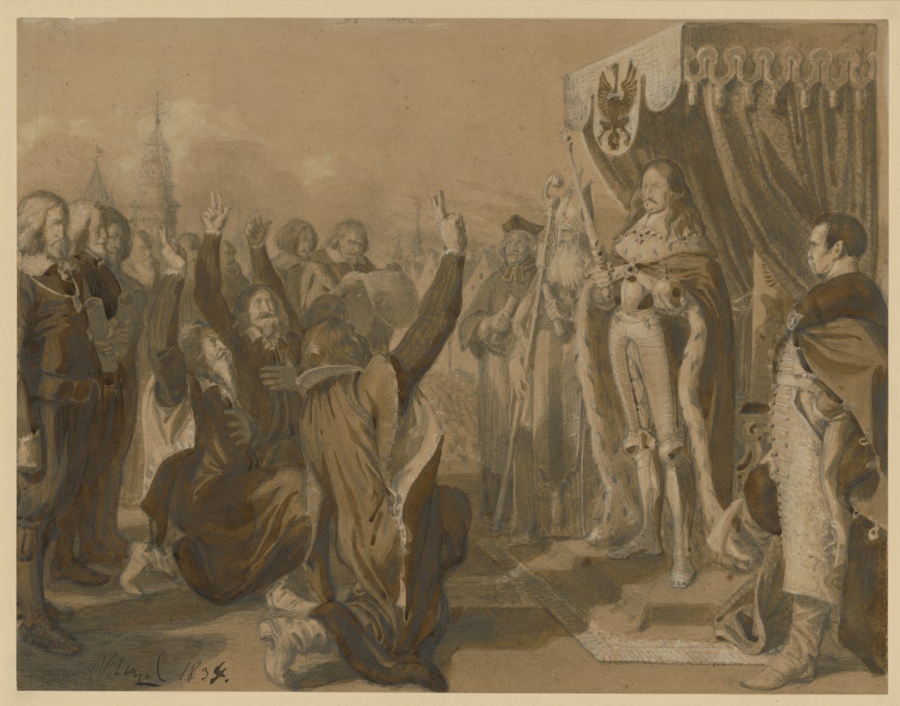 El príncipe elector Federico Guillermo de Brandeburgo recibe el homenaje de los estamentos prusianos en Königsberg el 18 de octubre de 1663. Borrador para las «Memorias de la historia de Brandeburgo-Prusia». de Adolph Menzel
