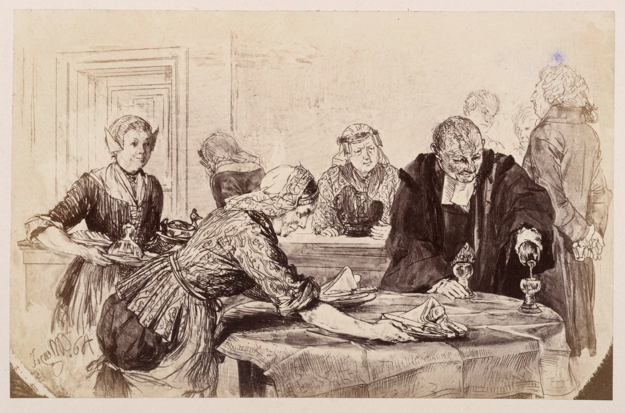 Pausa para el desayuno. Las criadas ponen la mesa y Adam sirve las bebidas. A la izquierda, el consejero judicial camina de un lado a otro con impaciencia, en referencia a la obra de Heinrich von Kleist «La jarra rota». de Adolph Menzel