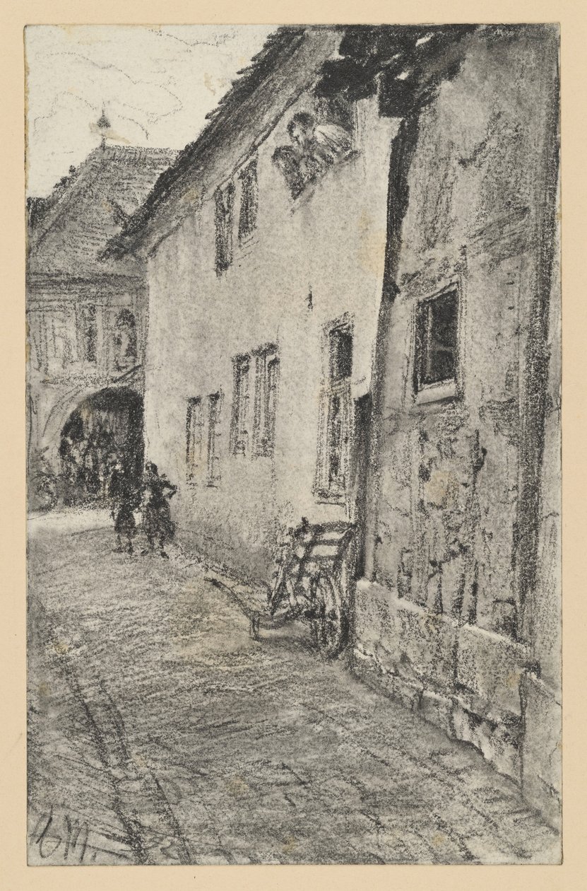 Callejón con vista a un pasaje de arco de medio punto a través de una casa de Adolph Menzel