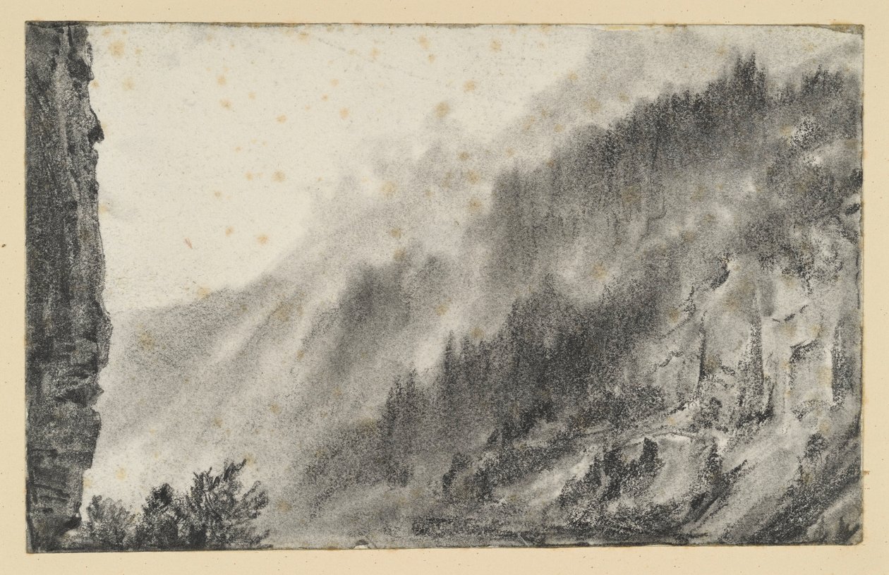 Paisaje montañoso con nieblas ondulantes; a la izquierda, una pared rocosa que se eleva imponente de Adolph Menzel