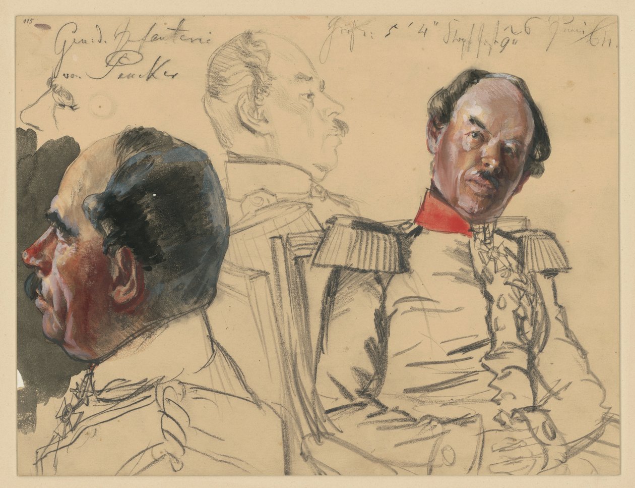 General de infantería Eduard von Peucker, 1. Estudio de cabeza, de perfil hacia la izquierda; 2. Retrato de busto ligeramente hacia la derecha, con la mirada hacia la izquierda; entre ambos, estudio de cabeza, de perfil hacia la derecha; estudios de Porzrä de Adolph Menzel