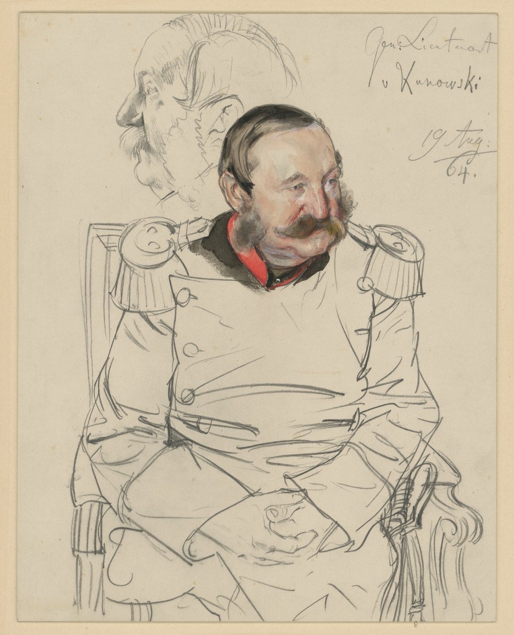 Teniente general von Kumowski, estudio de rodilla, sentado de frente, con la cabeza inclinada hacia la izquierda; a la izquierda: estudio de cabeza de perfil hacia la izquierda, estudio para el retrato de «La coronación de Guillermo I en Königsberg» de Adolph Menzel