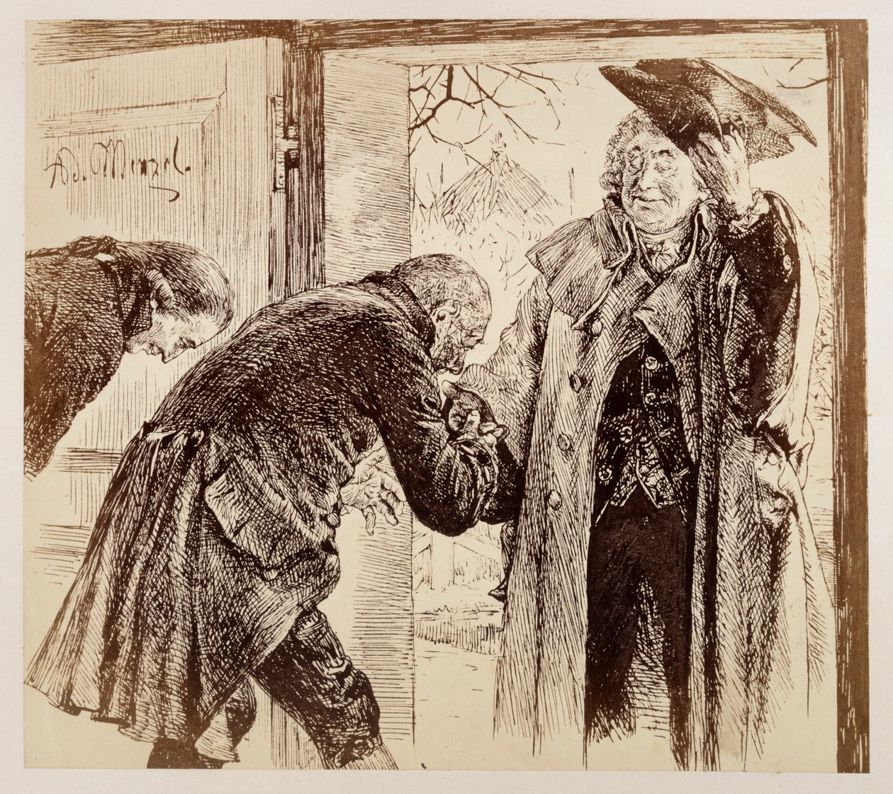 El juez Walter entra por la puerta desde la derecha, levantándose amablemente el sombrero; Adam y Licht le dan la bienvenida con sumisión, en la obra de Heinrich von Kleist «La jarra rota». de Adolph Menzel