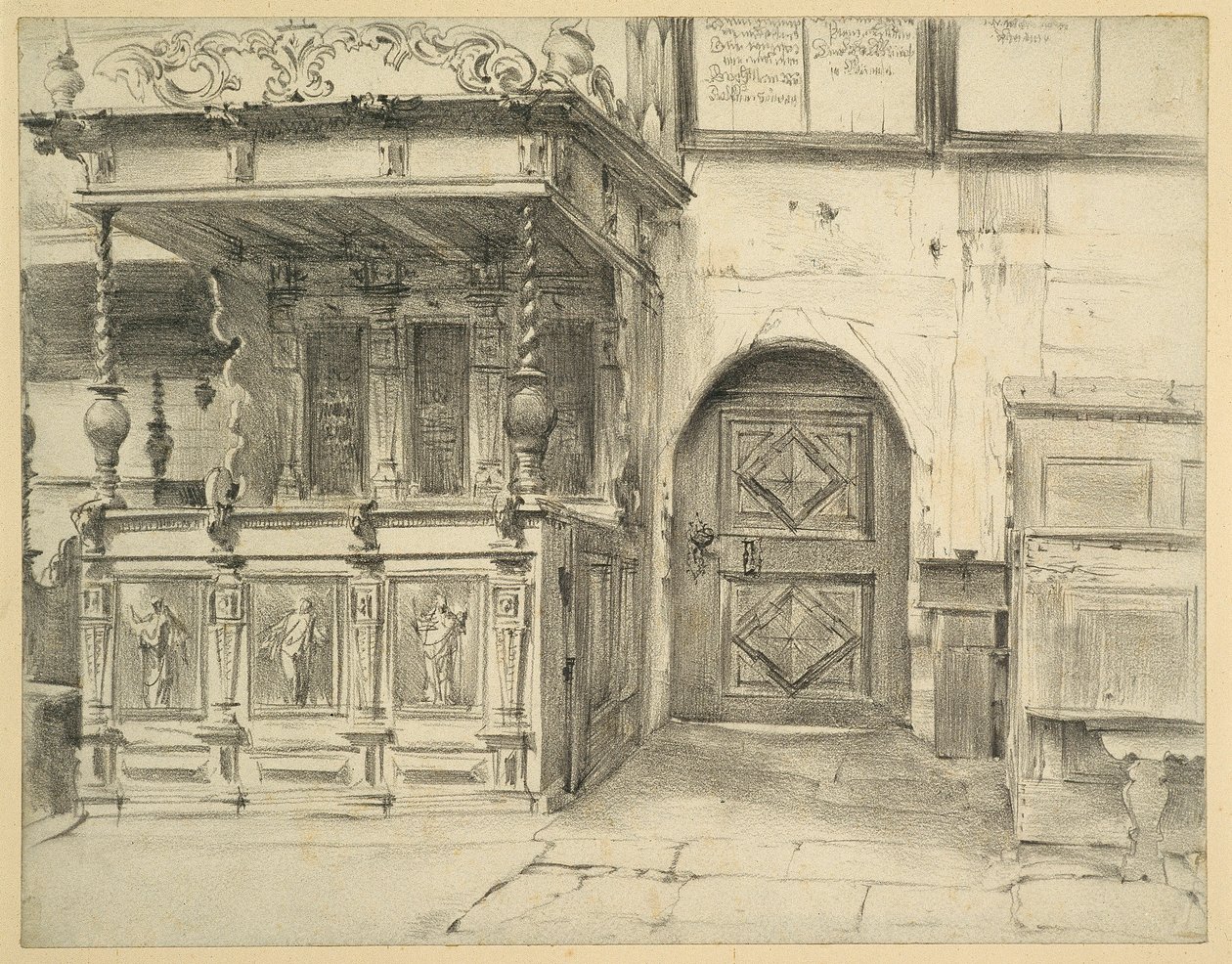 Bancos y puerta de la Iglesia de la Paz de Jauer de Adolph Menzel