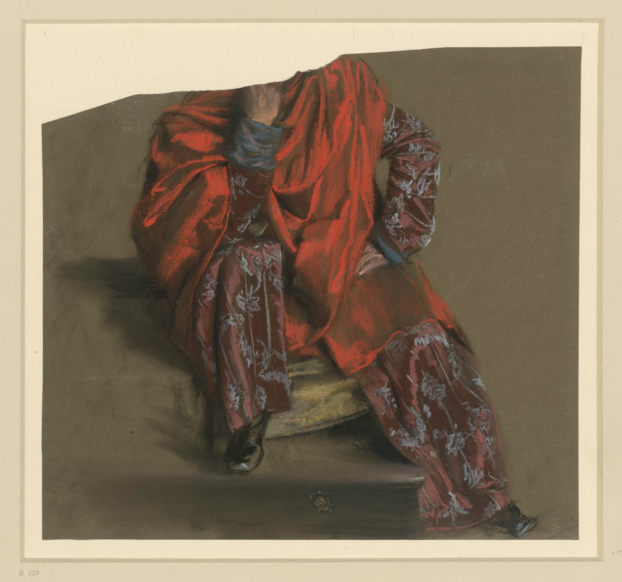 Estudio del atuendo de una figura masculina sentada de frente, con una falda larga estampada de flores y un chal rojo de Adolph Menzel