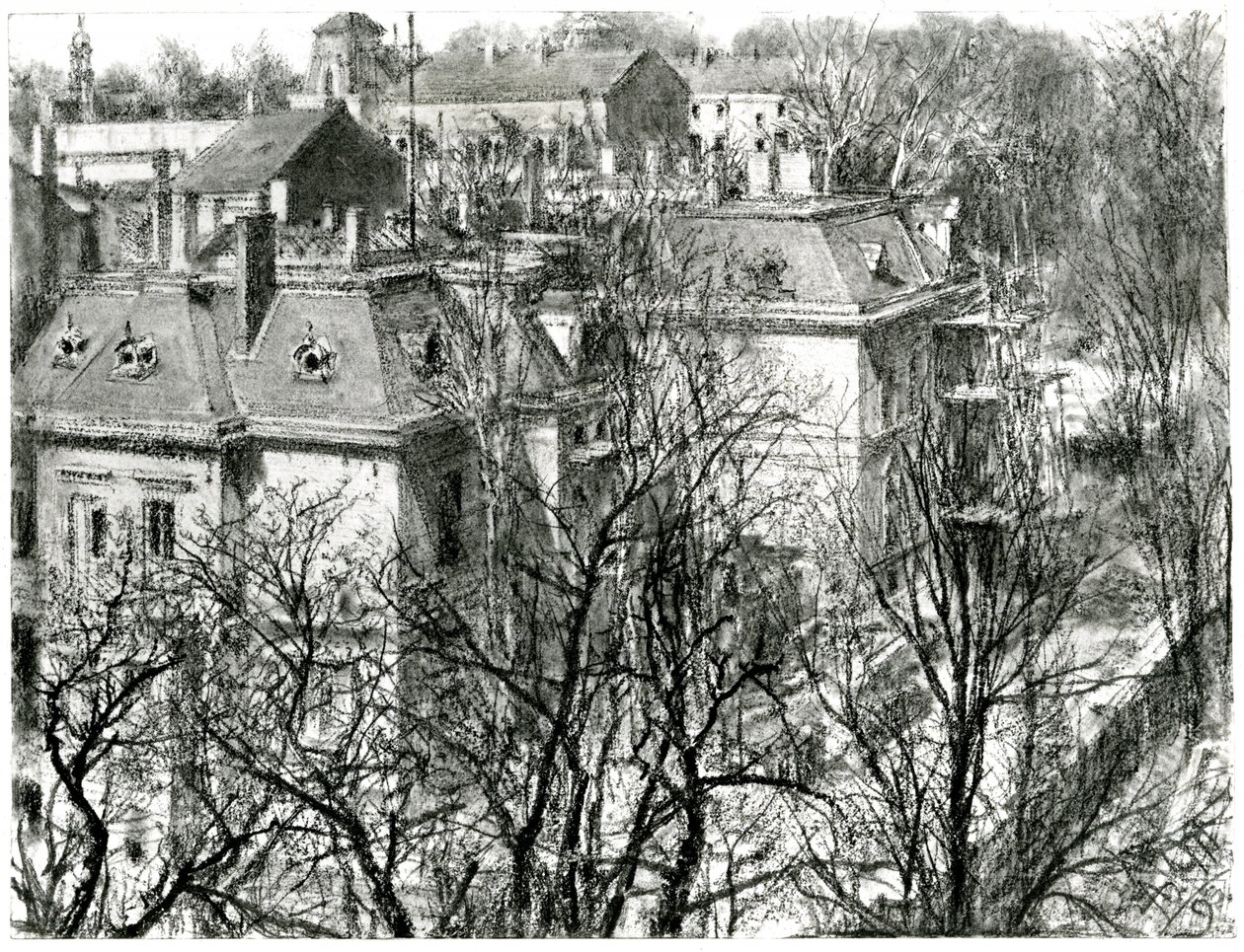 Casas detrás de árboles desnudos de Adolph Menzel