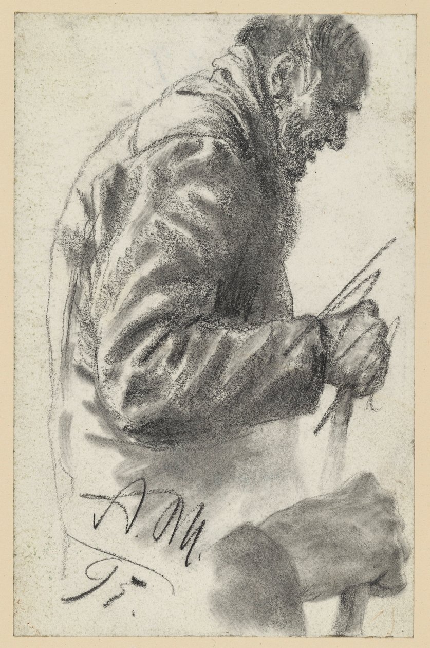 Media figura de un anciano con bastón, cuya mano derecha está descartada y repetida debajo de Adolph Menzel