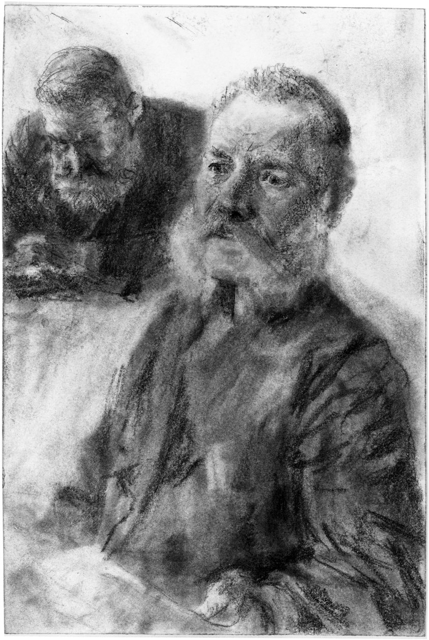 Figura de medio cuerpo de un hombre barbudo, al fondo otro retrato de busto de un hombre barbudo con la mirada baja de Adolph Menzel