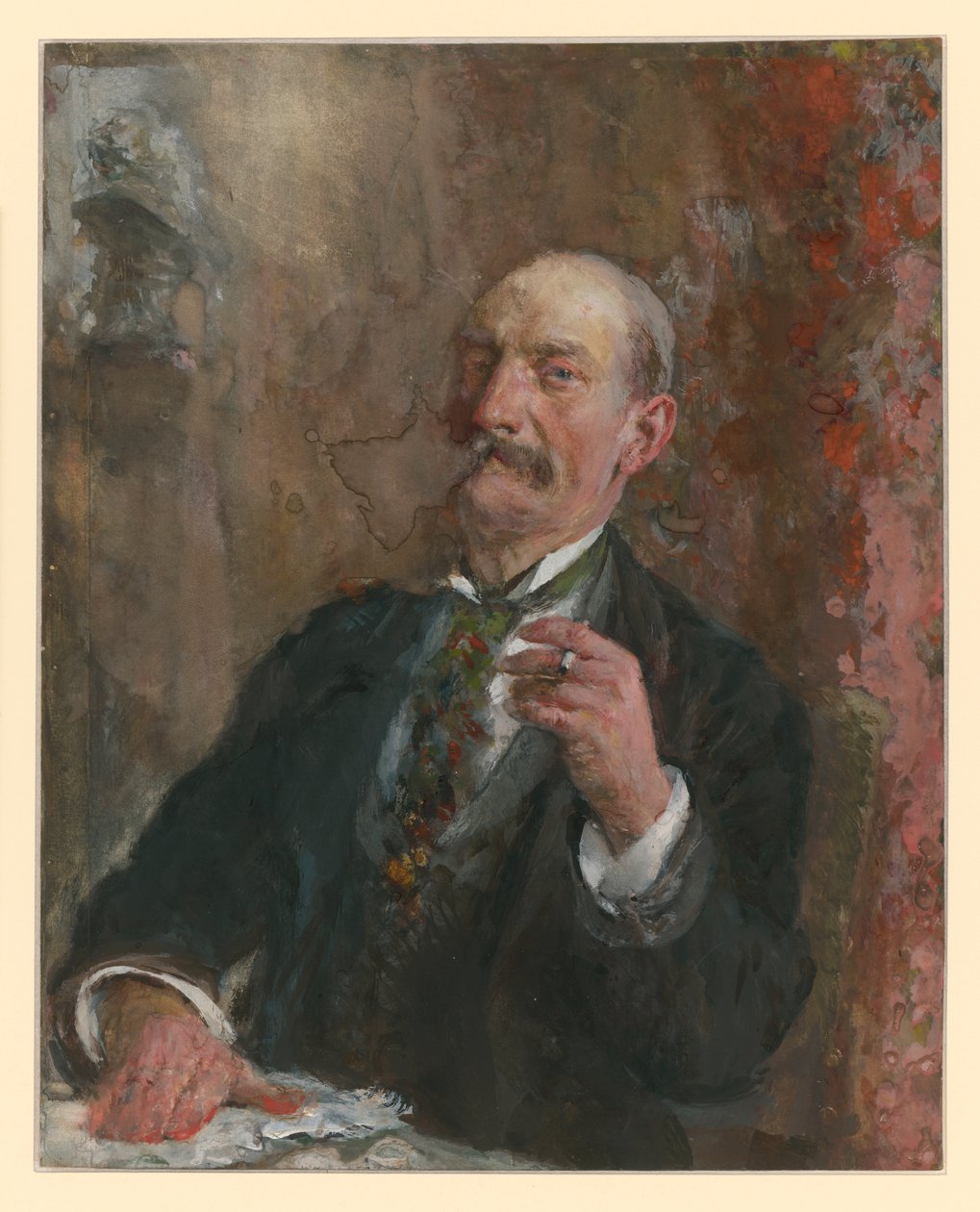 Figura de medio cuerpo de un hombre sentado, con la mano derecha apoyada delante de sí sobre el tablero de la mesa y un cigarrillo en la izquierda de Adolph Menzel