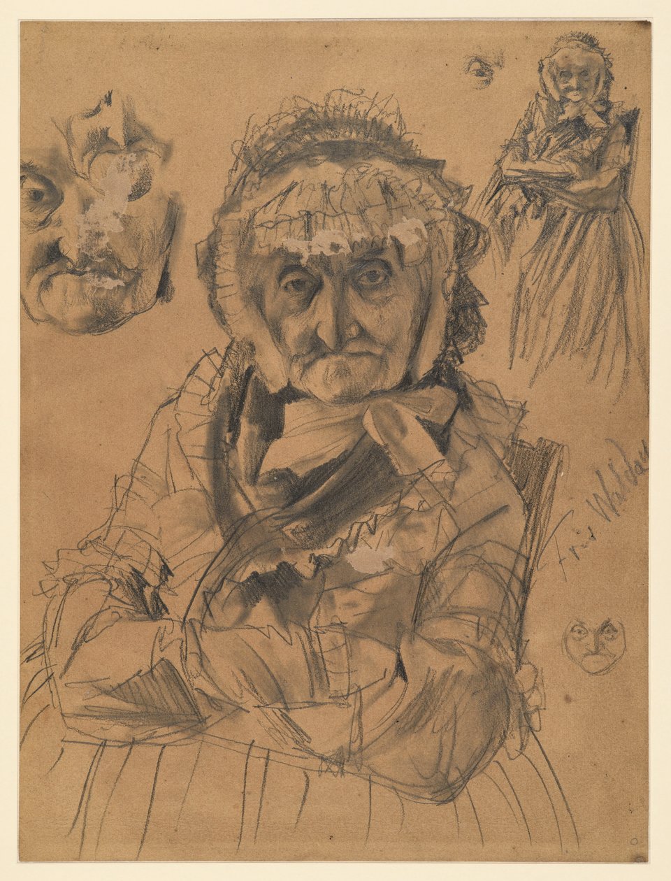 Figura de medio cuerpo sentada de frente; arriba a la derecha: figura hasta las rodillas y ojo; a la izquierda: dos estudios de rostro; abajo a la derecha: pequeño estudio de rostro; inscripción Fr. v. Waldow. Estudio preparatorio para el cuadro de Adolph Menzel