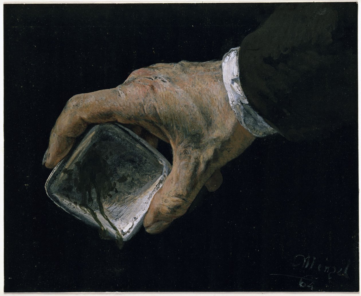 La mano del artista con recipiente de pintura de Adolph Menzel