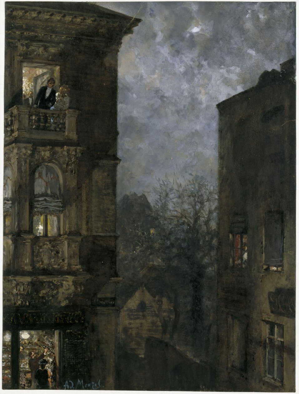 Esquina de una casa a la luz de la luna. Del «Álbum infantil» de Adolph Menzel