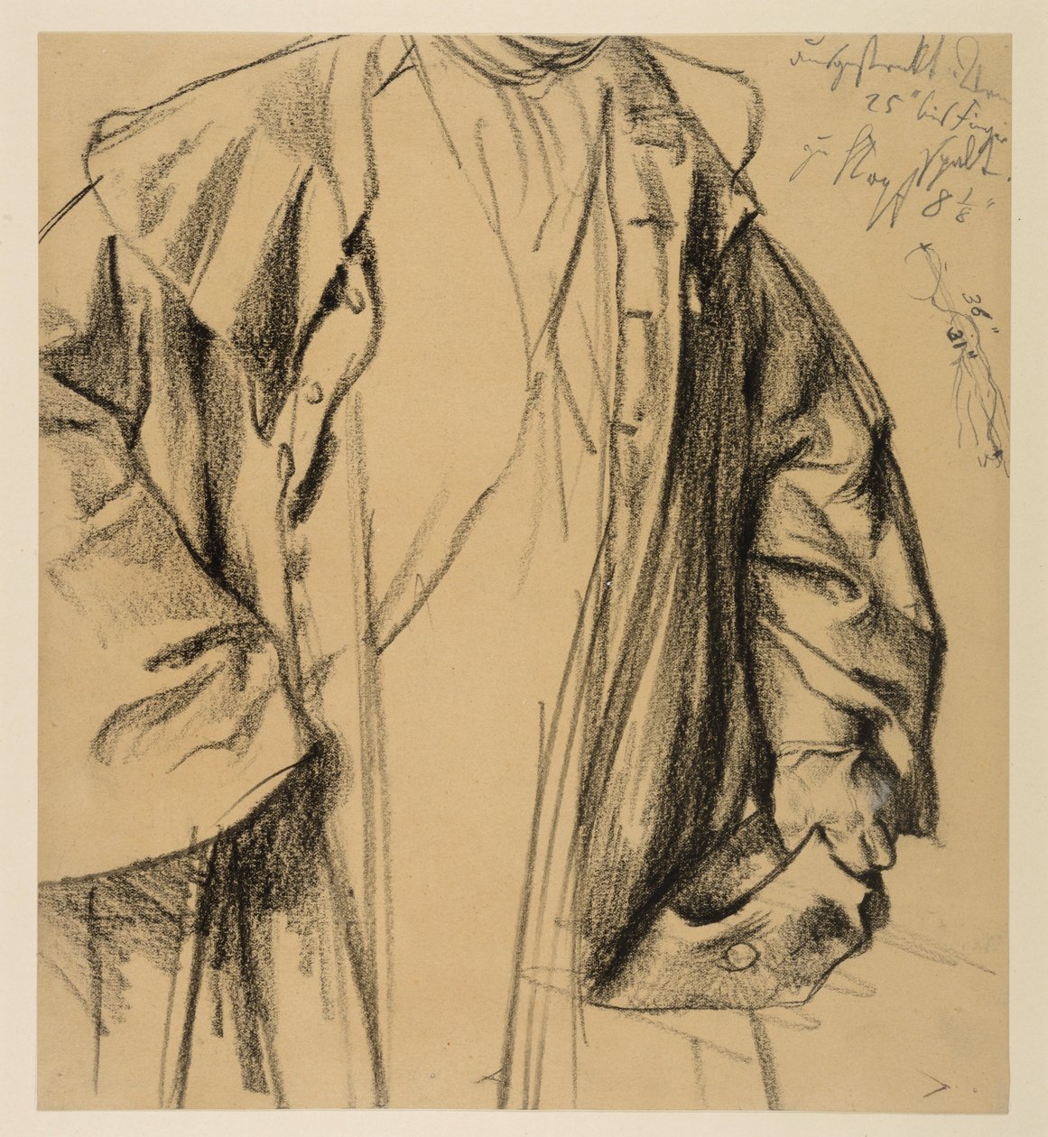 Heinrich von Kleist, «La jarra rota»: estudio de modelo de un oficial con abrigo, sin representar la cabeza, de medio cuerpo, con un sombrero en la mano izquierda y un bastón en la derecha de Adolph Menzel