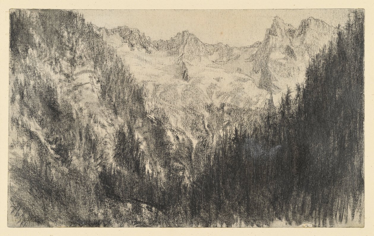 Alta montaña con bosque de abetos en primer plano de Adolph Menzel
