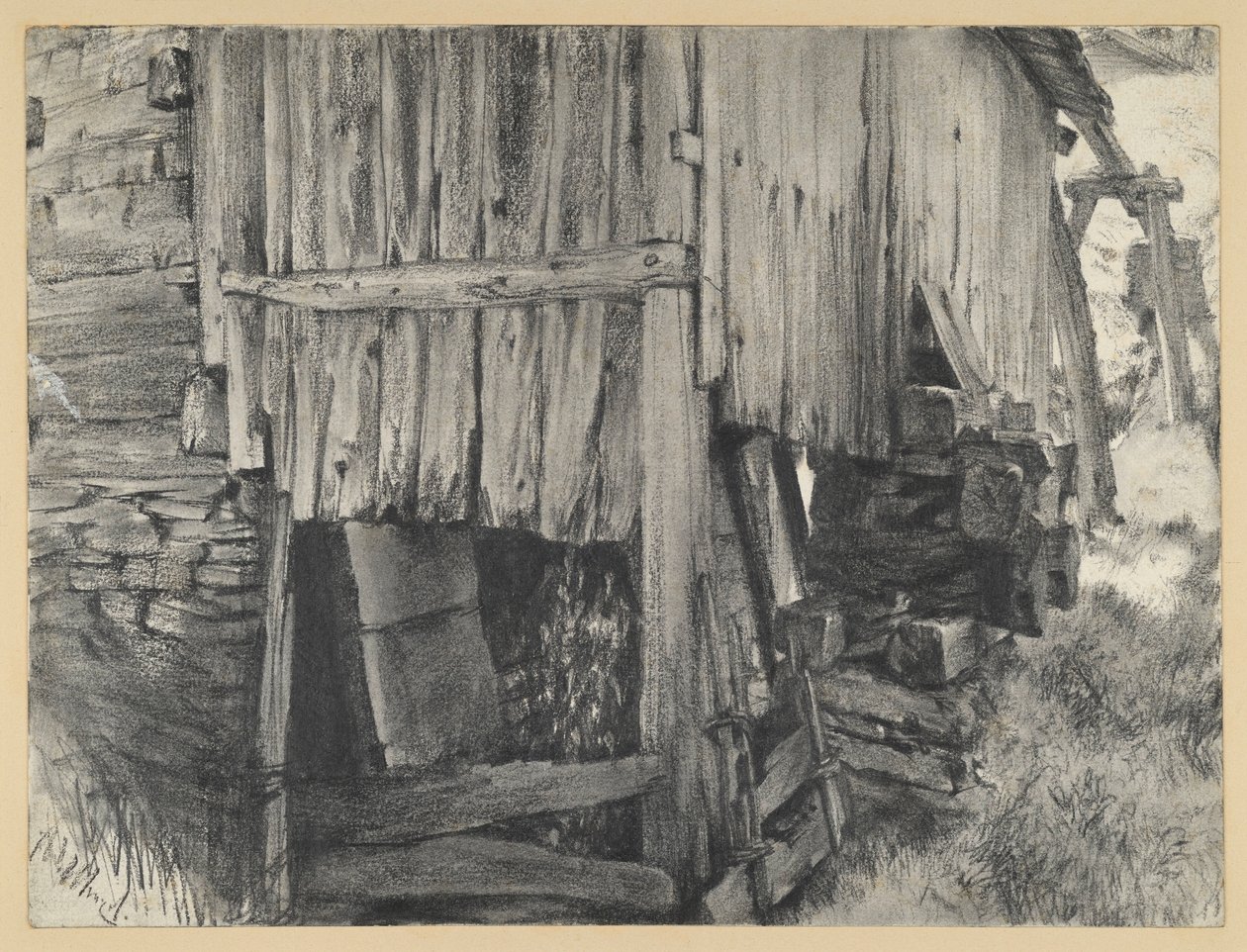 Cobertizo de madera alrededor de una rueda de molino de Adolph Menzel