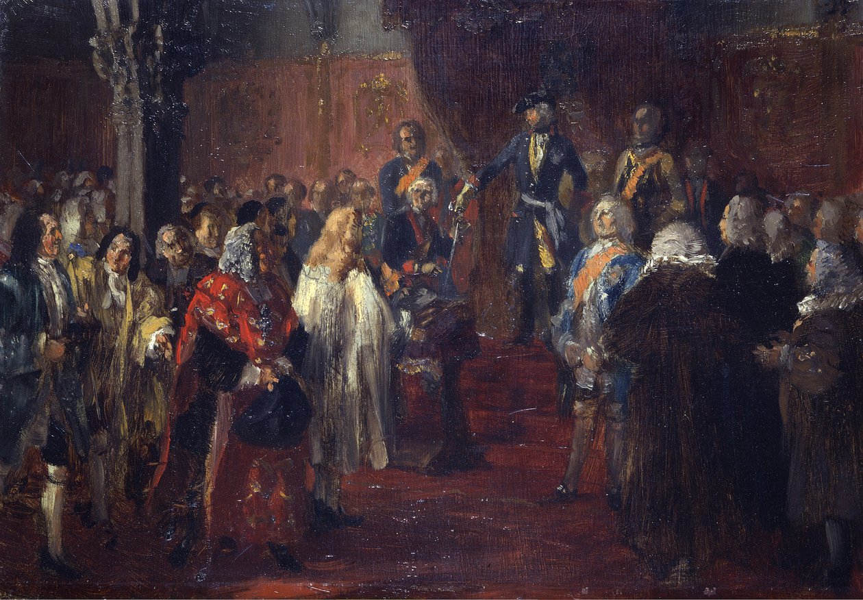 Homenaje de los Estados de Silesia ante Federico II en Breslavia en 1741. Boceto de Adolph Menzel
