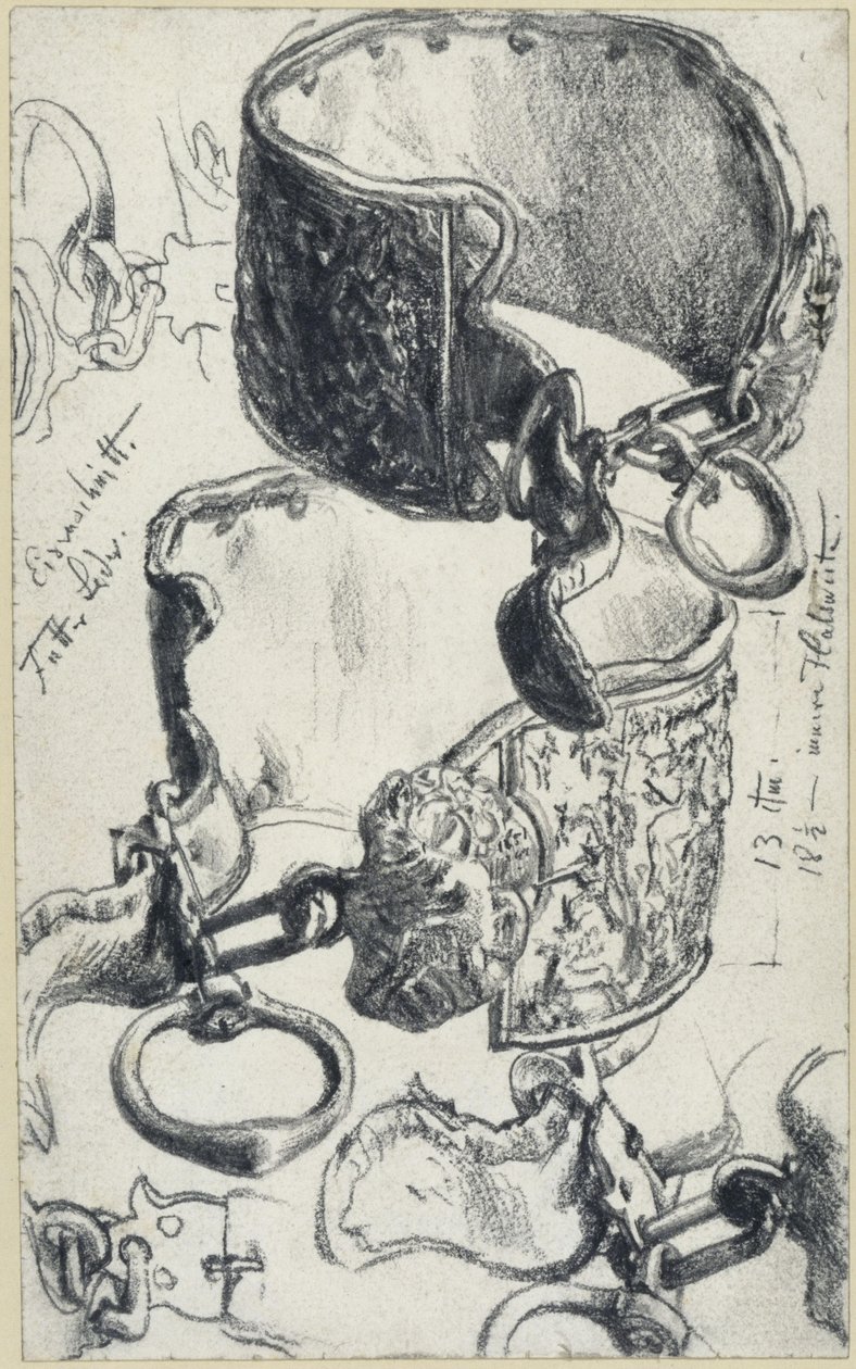 Collar de perro para un «Saupacker» del siglo XVII, en dos vistas y estudios detallados, Museo Histórico, Dresde de Adolph Menzel