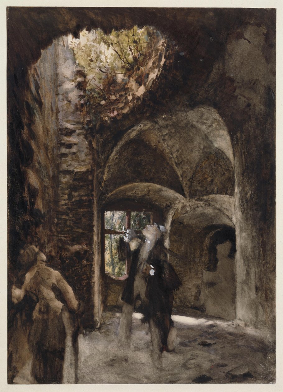 En las ruinas, un señor y una señora están de pie en un rellano de la escalera y miran hacia arriba, hacia un gran agujero en la bóveda. de Adolph Menzel