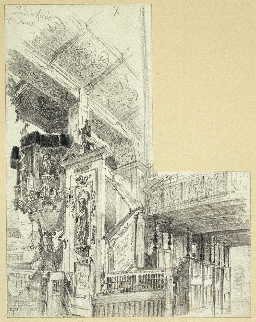 Interior con púlpito de la Iglesia de la Paz de Jawor de Adolph Menzel