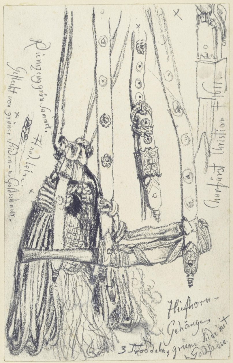 Cuerno de caza, correa para cuerno y cordón para cuerno del juego de armas de caza de esmeralda de Juan Jorge I de Sajonia, Museo Histórico, Dresde de Adolph Menzel