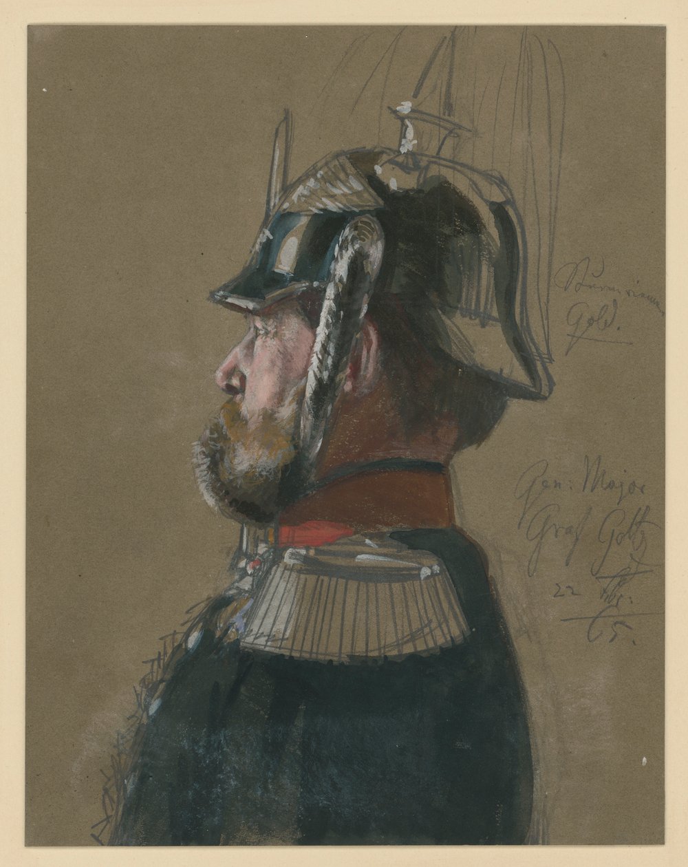 Karl Friedrich conde von Goltz, general de división, retrato de busto con casco y espada, perfil hacia la izquierda, estudio de retrato para «La coronación de Guillermo I en Königsberg» de Adolph Menzel