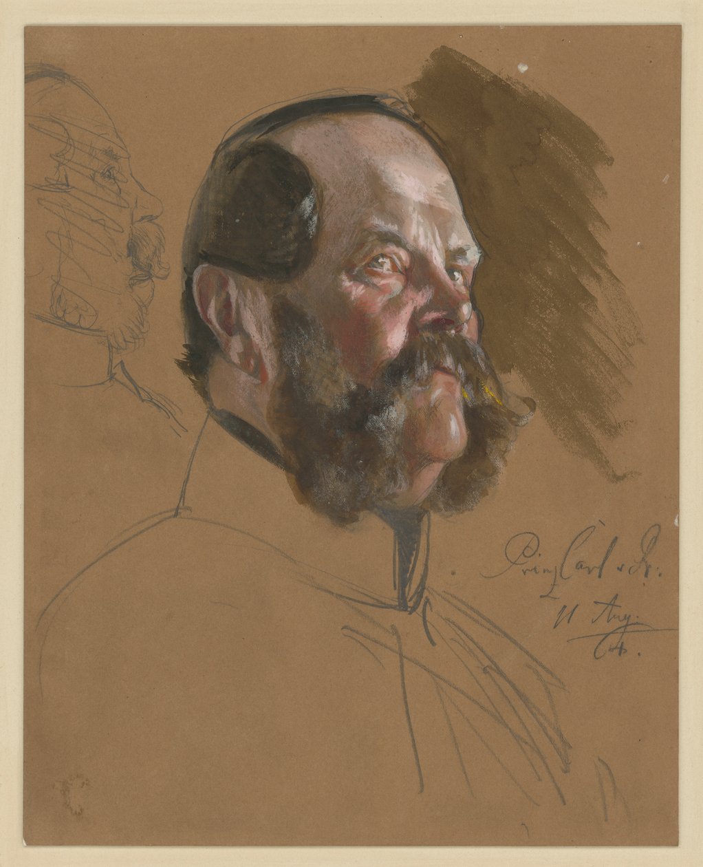 Carlos, príncipe de Prusia, retrato de busto, perfil de tres cuartos hacia la derecha visto desde abajo; a la izquierda: rostro de perfil hacia la derecha (tachado), estudio para el retrato de «La coronación de Guillermo I en Königsberg» de Adolph Menzel