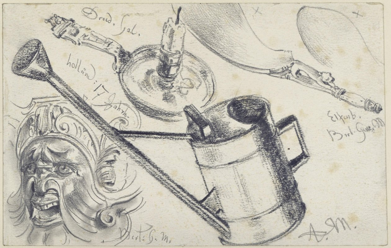 Un candelabro de la Galería de Dresde, un objeto de marfil (un calzador) y una máscara del Museo de Artes Decorativas de Berlín, así como una regadera de Adolph Menzel