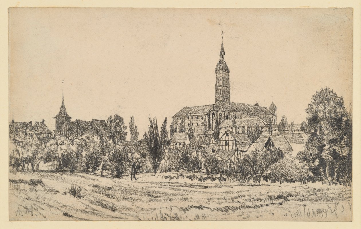 Pequeña localidad con una alta torre de iglesia de Adolph Menzel
