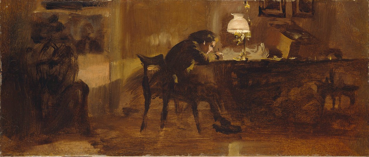 Un niño sentado en su escritorio de Adolph Menzel
