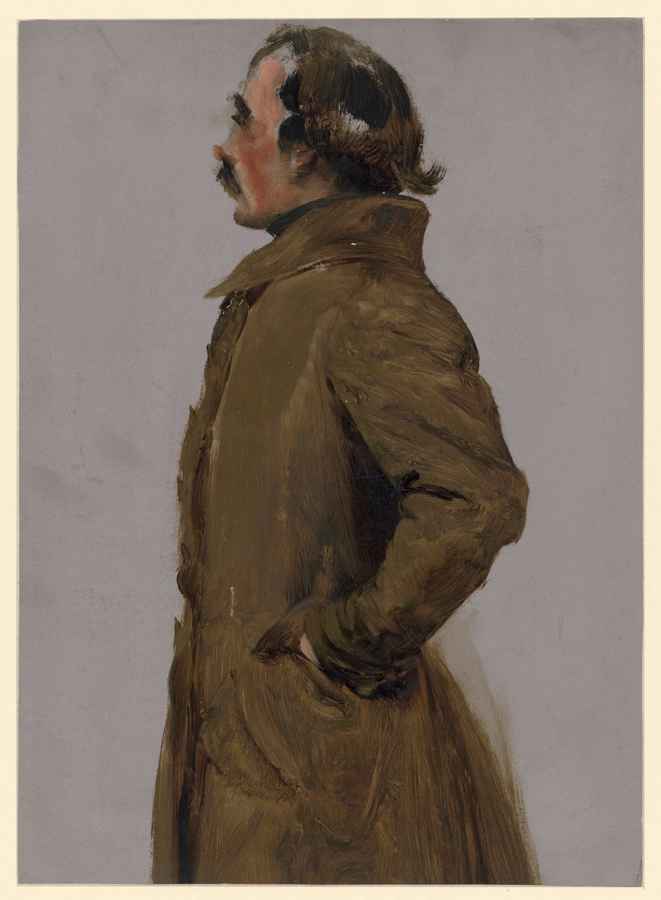 «Kniestück», estudio para el cuadro «Sermón en la iglesia del monasterio», representación de perfil de un hombre de mediana edad, con la cabeza descubierta, mirando hacia la izquierda de Adolph Menzel