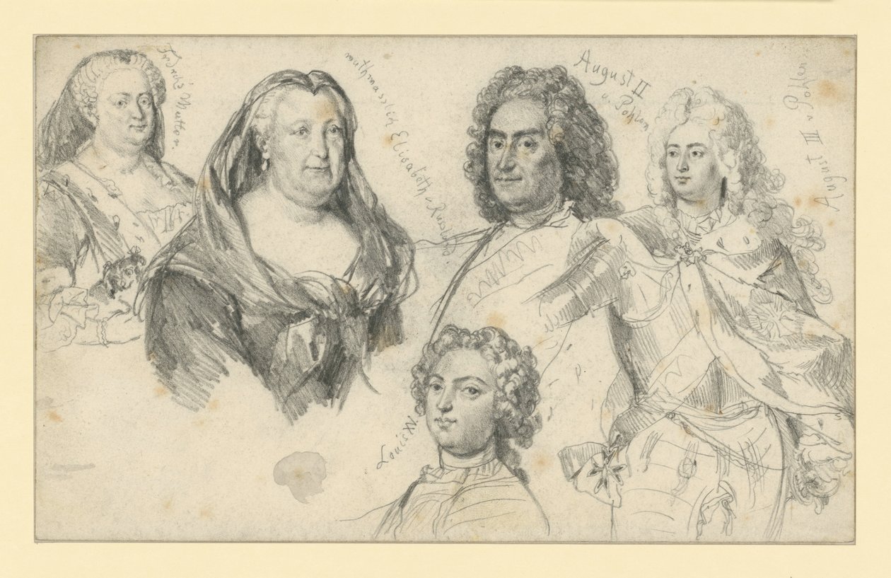 La reina Sofía Dorotea de Prusia, la emperatriz Isabel de Rusia, el rey Augusto II de Polonia, el rey Augusto III de Polonia, Luis XV de Francia de Adolph Menzel