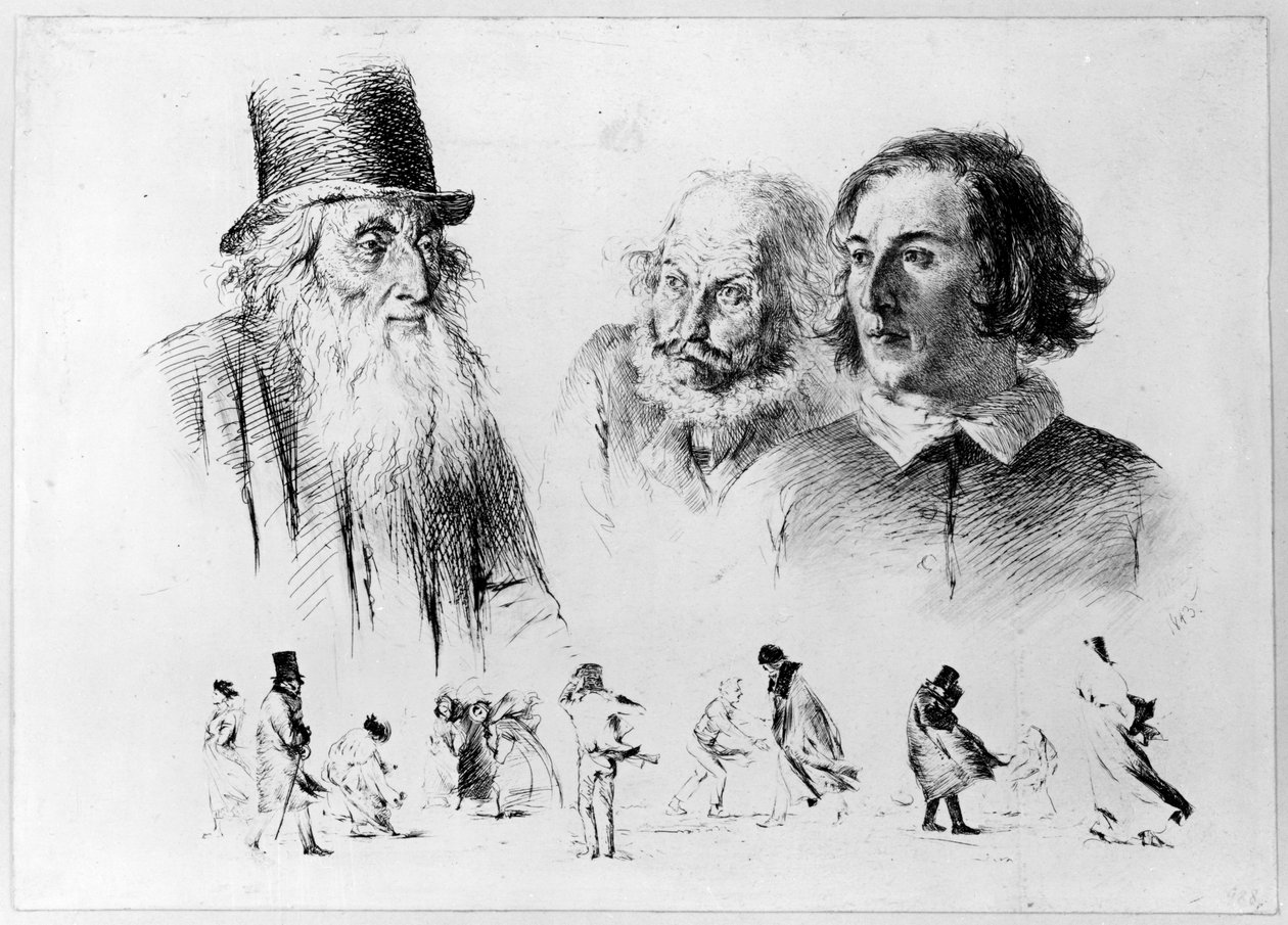 Estudios de cabezas y figuras, hoja n.º 2 de la serie «Experimentos con el radir» de Adolph Menzel