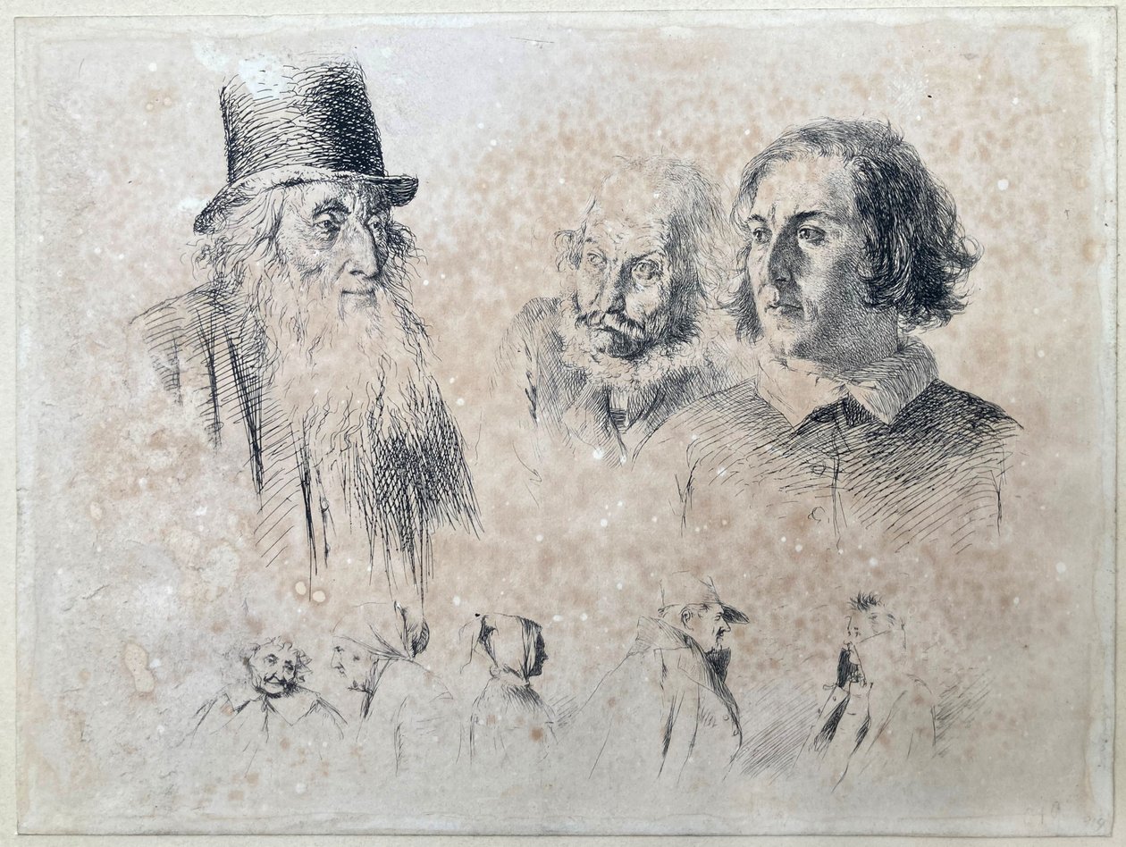 Estudios de cabezas y figuras, hoja n.º 2 de la serie «Experimentos con el radir» de Adolph Menzel