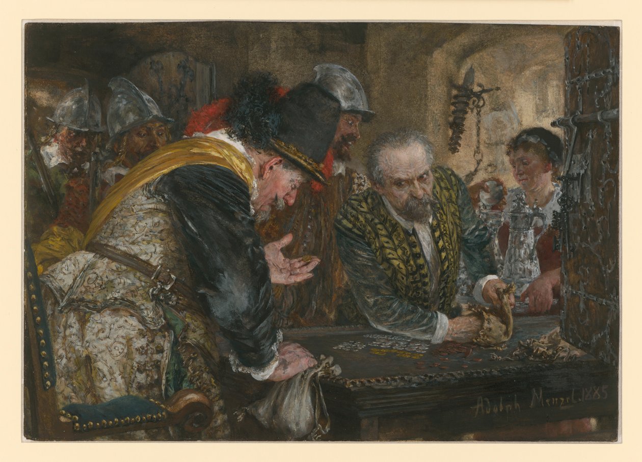 Contribución, soldados - a la izquierda su capitán - reciben dinero y plata de un hombre mayor de Adolph Menzel