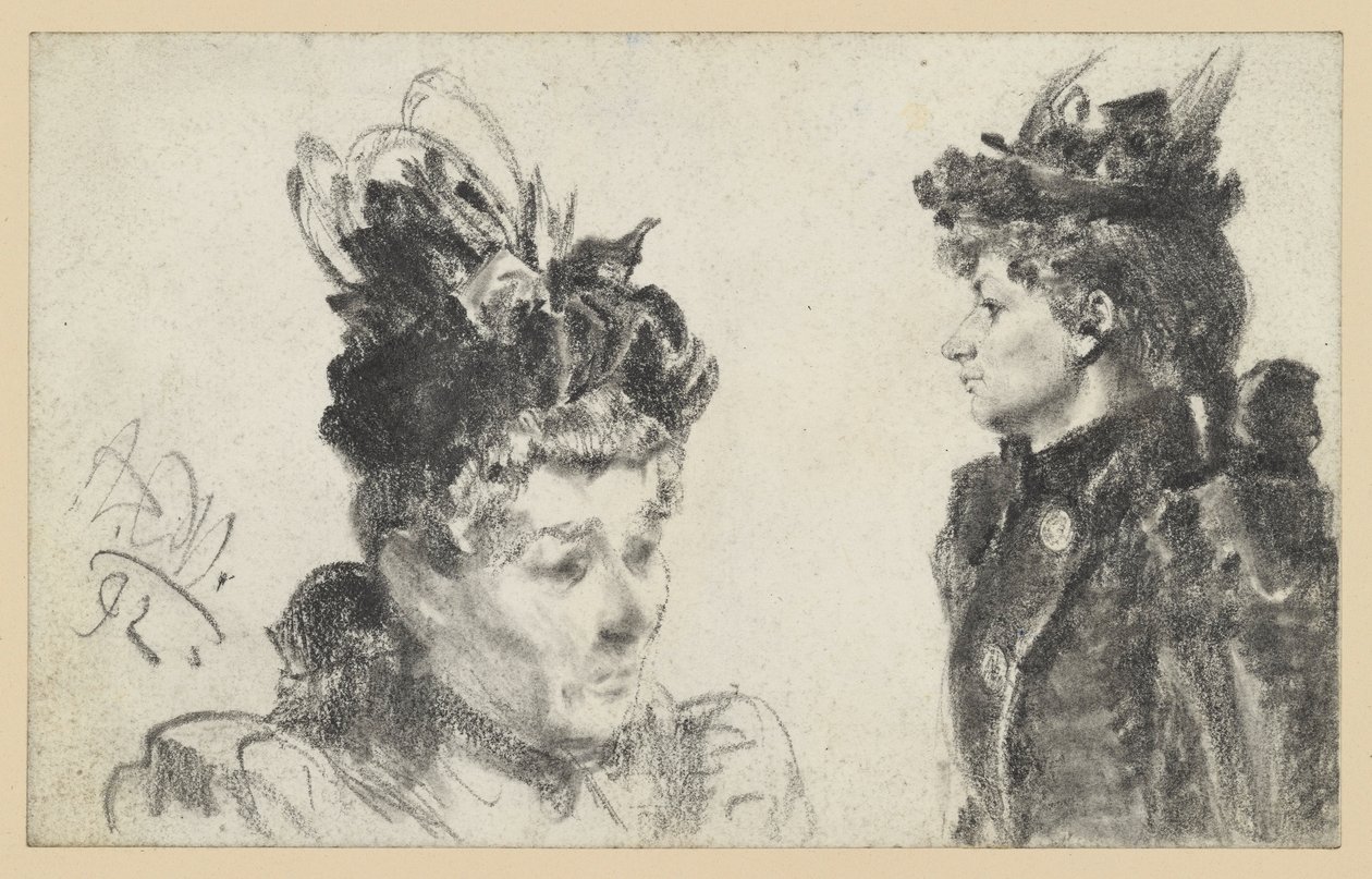 Cabeza de mujer con sombrero de plumas hacia la derecha, retrato de busto de una mujer con sombrero de perfil hacia la izquierda de Adolph Menzel