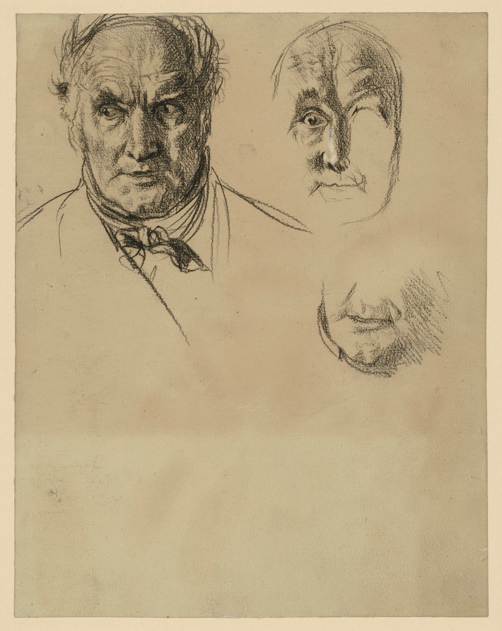 Cabeza de un hombre mayor con pañuelo al cuello y dos estudios detallados del rostro de Adolph Menzel