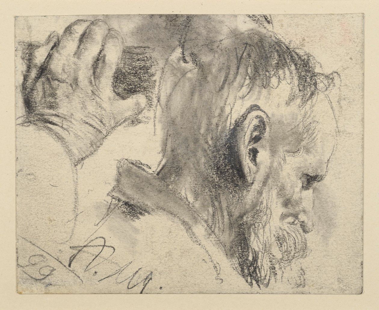 Cabeza de un hombre barbudo, ligeramente inclinada hacia la derecha, y mano derecha de Adolph Menzel