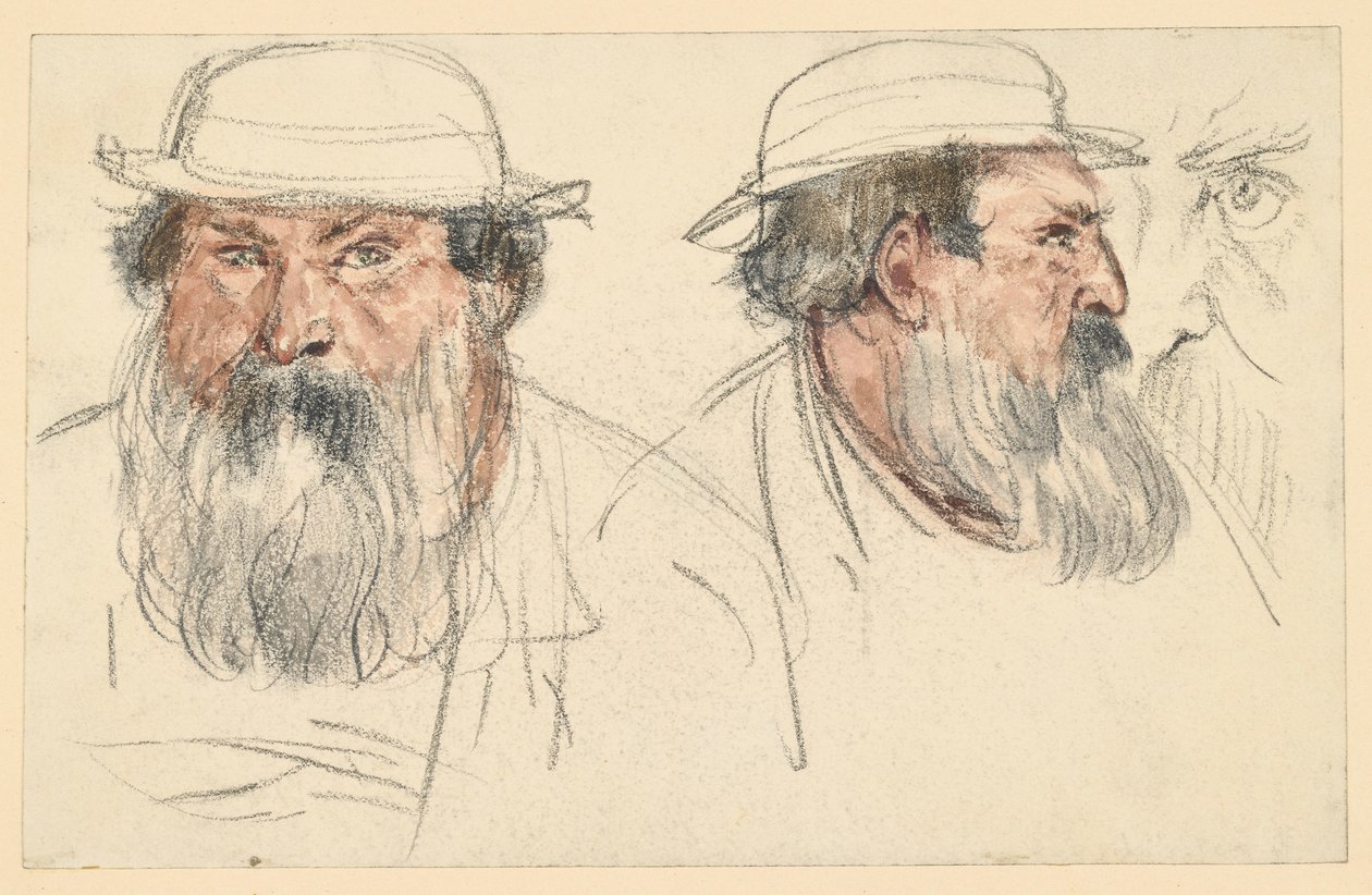 Cabeza de un hombre barbudo en dos bocetos de Adolph Menzel